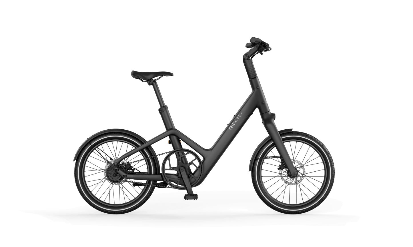 Reany C1 elektrische fiets in een stijlvolle zwarte kleur met een modern ontwerp en comfortabele zithouding.
