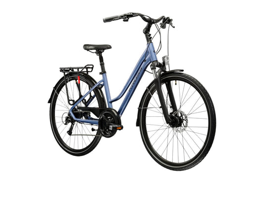 Fiets met een lage instap in blauw, geschikt voor comfortabel dagelijks gebruik.