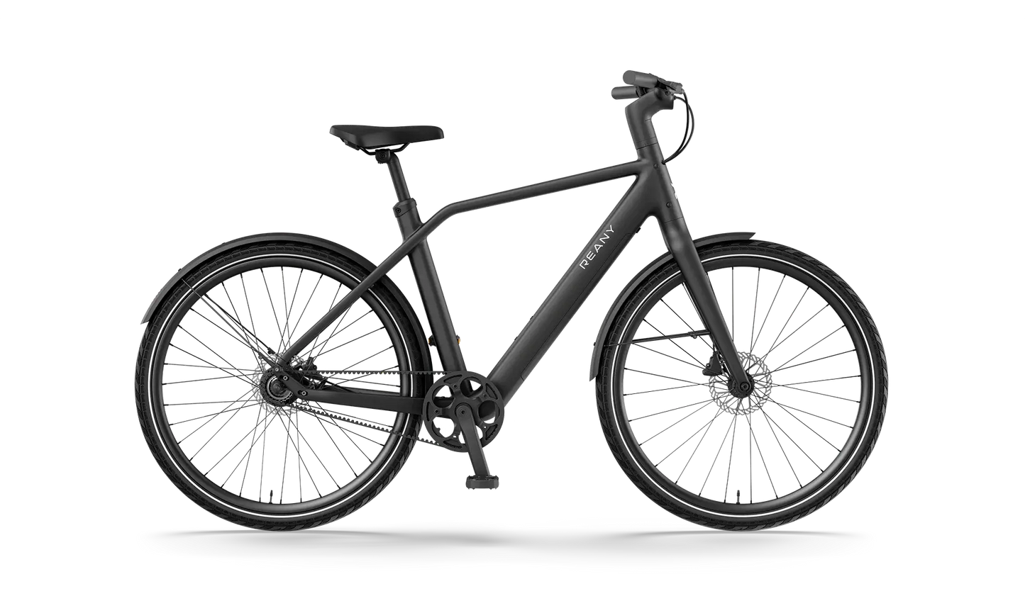 Zwarte moderne fiets met gestroomlijnd ontwerp en sportieve uitstraling, perfect voor stedelijk gebruik.