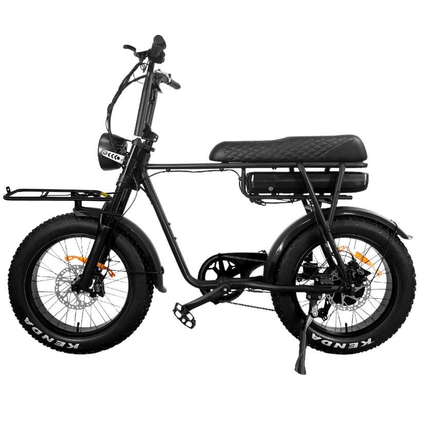 Black electric bike with fat tires, long cushioned seat, front rack, and headlight on white background