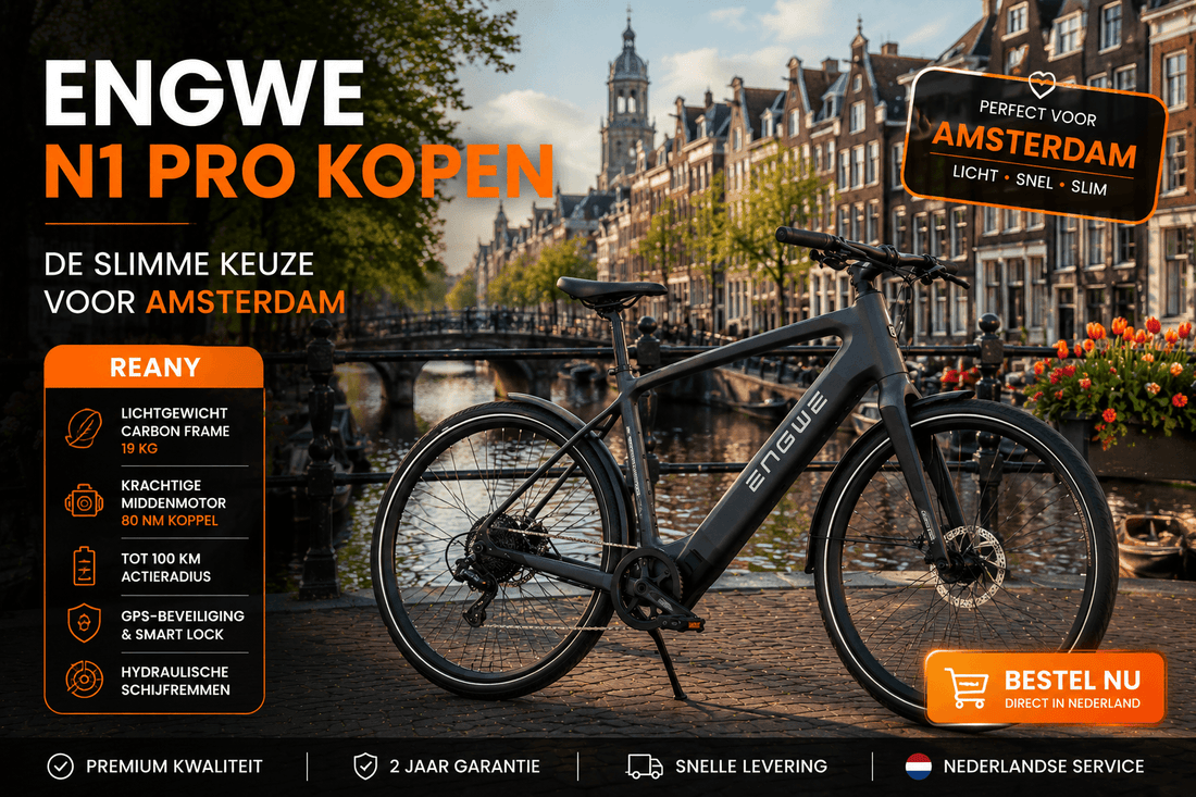 Afbeelding van de ENGWE N1 Pro kopen met een schilderachtige achtergrond van Amsterdam