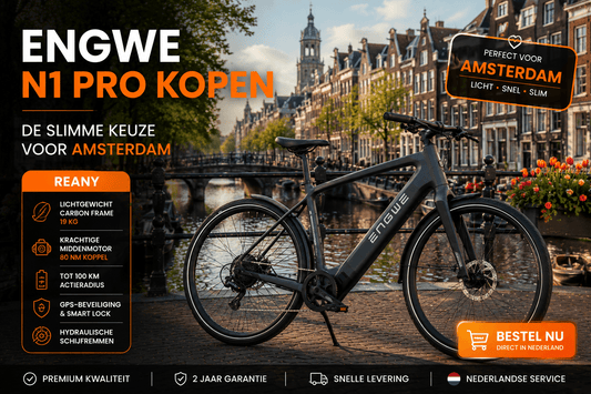 Afbeelding van de ENGWE N1 Pro kopen met een schilderachtige achtergrond van Amsterdam
