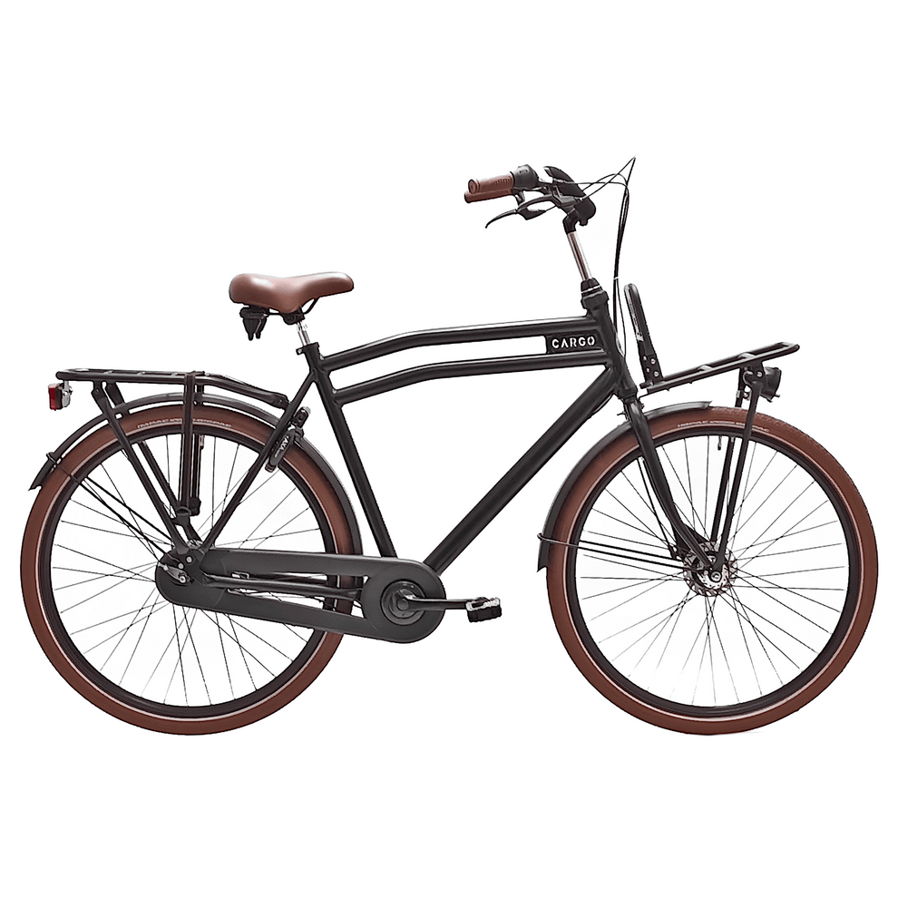 Cargo heren transportfiets aanbieding HEREN 59cm R-brake Alu N7 met bruin leren zitting en stijlvolle en stevige constructie.