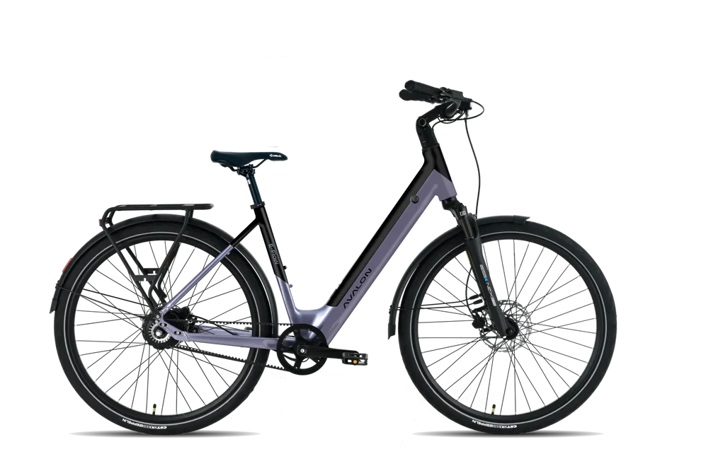 Avalon E-Flow stadsfiets in lila kleur met een modern ontwerp en stevige banden.