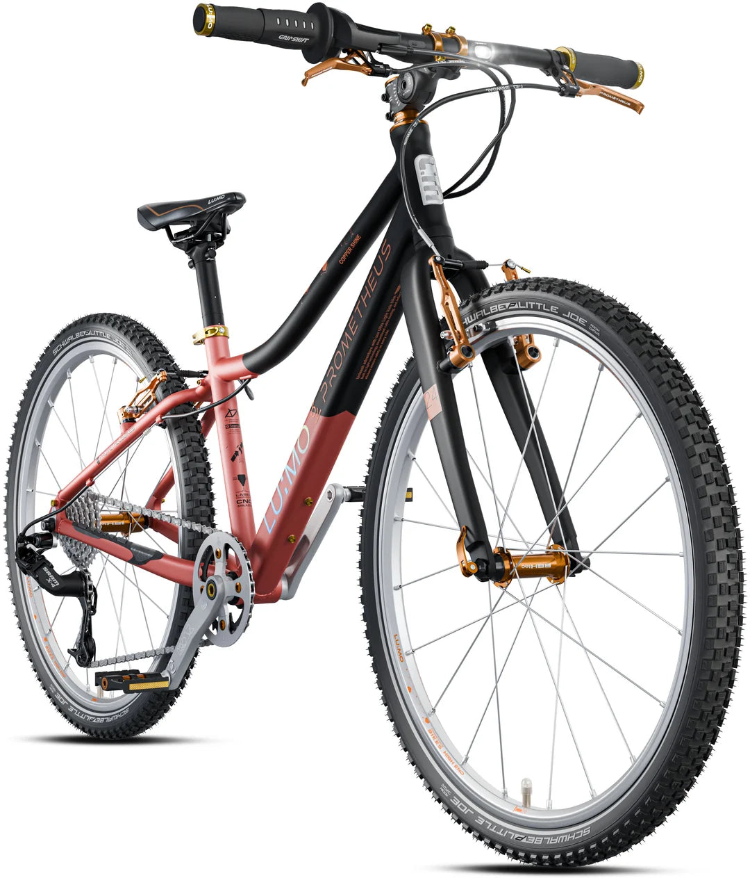 LU:MO Kinderfiets 24 inch vanaf 7 jaar | 8 versnellingen | COPPER SHINE | Geïntegreerde LED-verlichting. Kleur mat Zwart en Copper