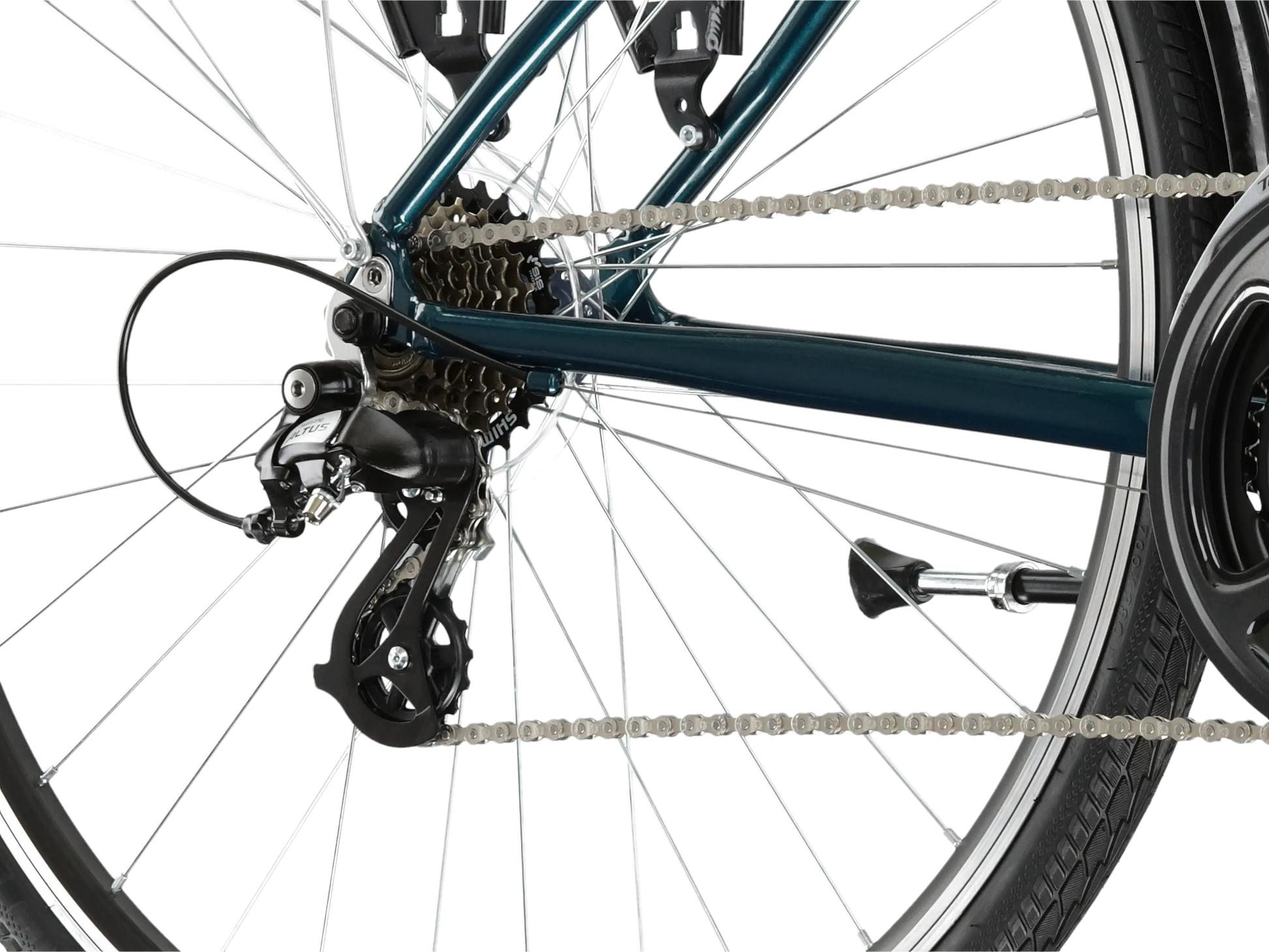 Detailopname van de achterste derailleurs en versnellingen van de KR Sentio 2.0 U 28 M fiets.