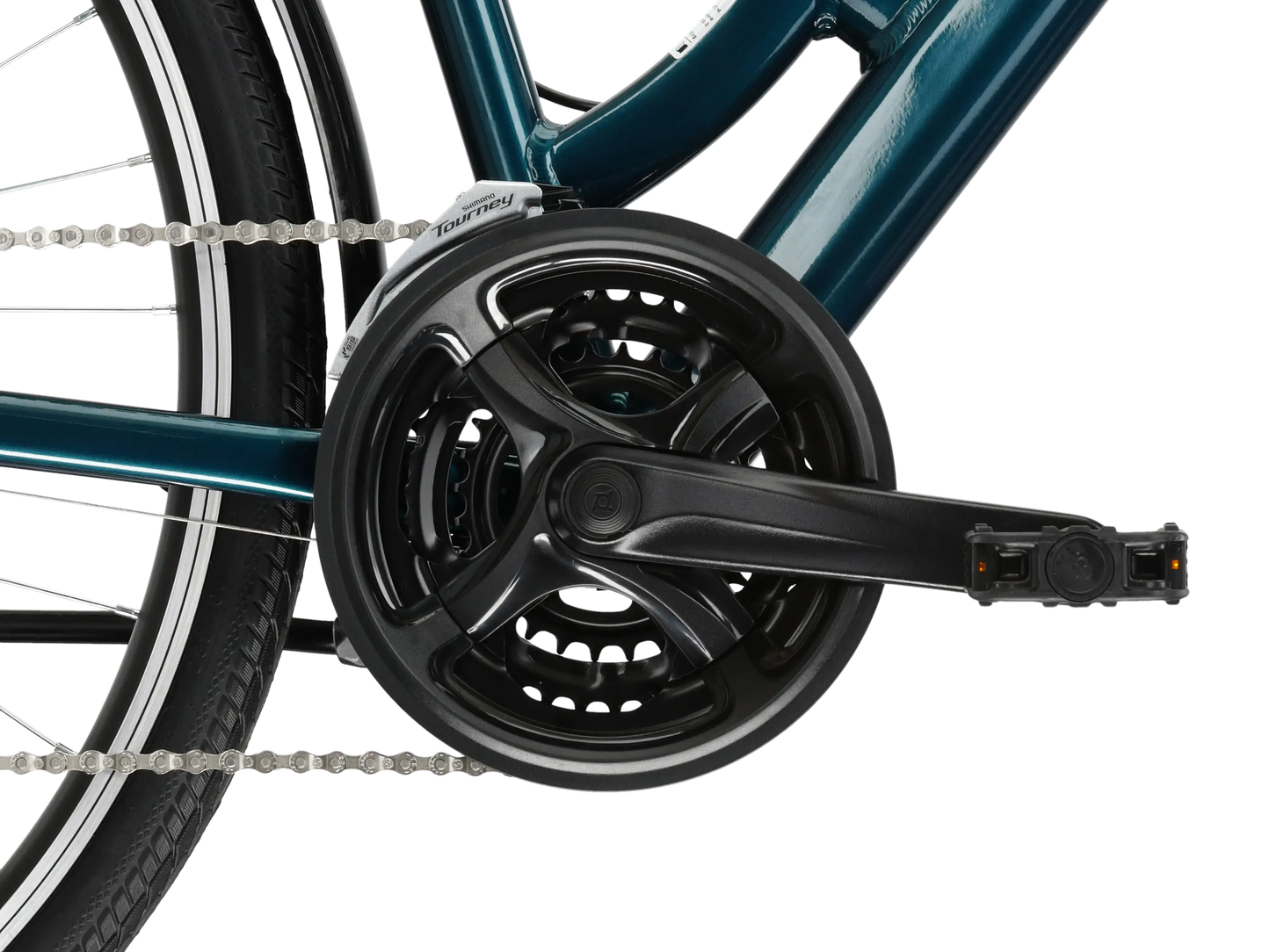 Close-up van de trapas en pedalen van de KR Sentio 2.0 U 28 M fiets, met een modern ontwerp en stevige constructie.