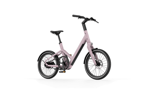 Reany C1 elektrische fiets in een stijlvolle lichtroze kleur met een modern ontwerp.