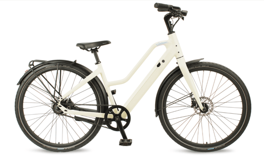 Comate Motion CC Elite e-bike in white, featuring a lightweight design and Gates Carbon Drive system for smooth rides.