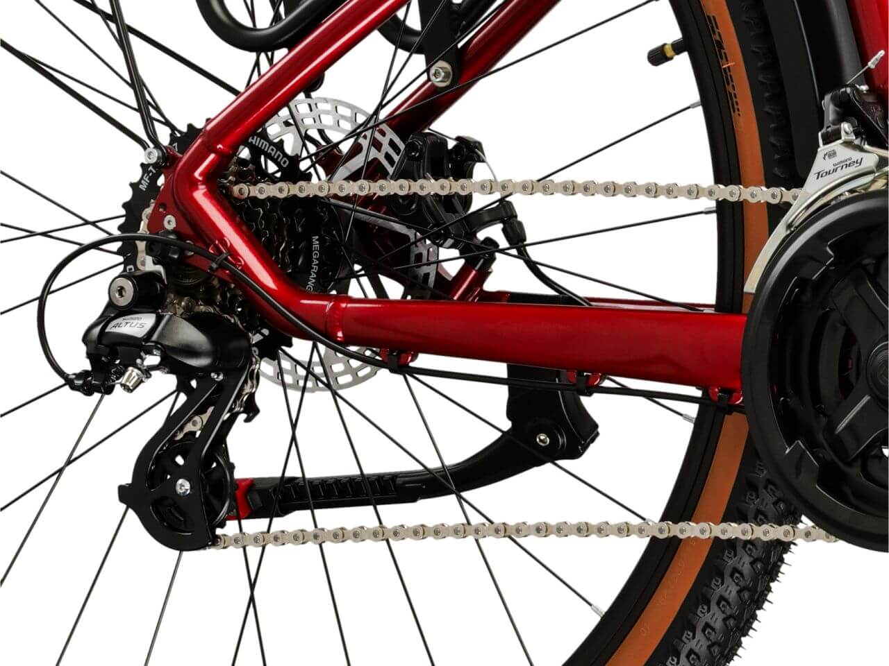 Detail van de KROSS Hexagon X200 EQ mountainbike met schakelsysteem en ketting.