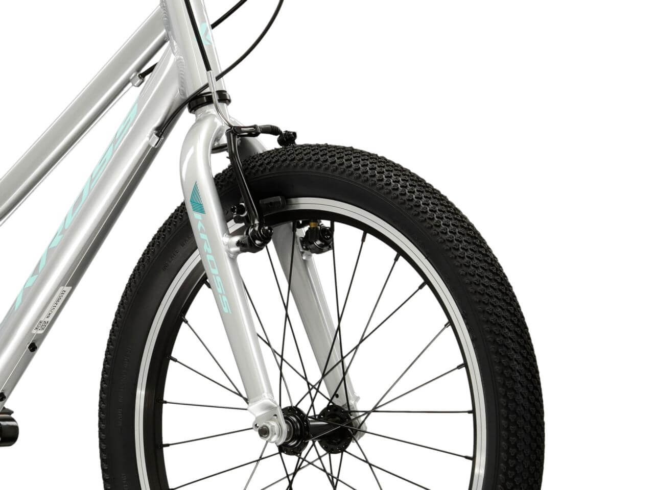 Detail van het voorwiel van de KR Lea Mini 1.0 D 20 S met een robuuste band en aluminium fietskader.