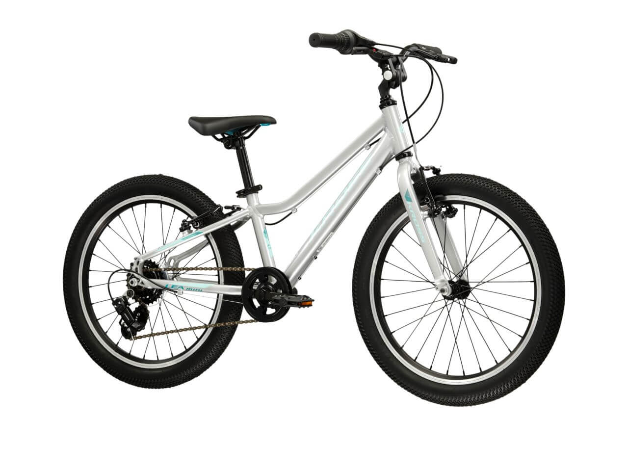 KR Lea Mini 1.0 D 20 S, een kindfiets met zwarte banden en een lichte zilveren frame.