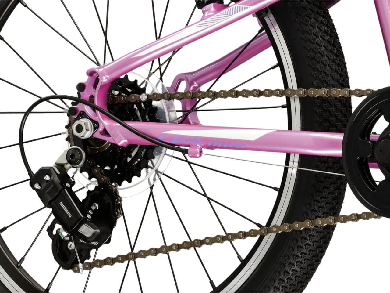 A close-up of the drivetrain components of the KR Lea Mini 1.0 D 20 S bicycle, showcasing the pink frame and chain details.