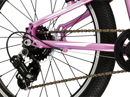 A close-up of the drivetrain components of the KR Lea Mini 1.0 D 20 S bicycle, showcasing the pink frame and chain details.
