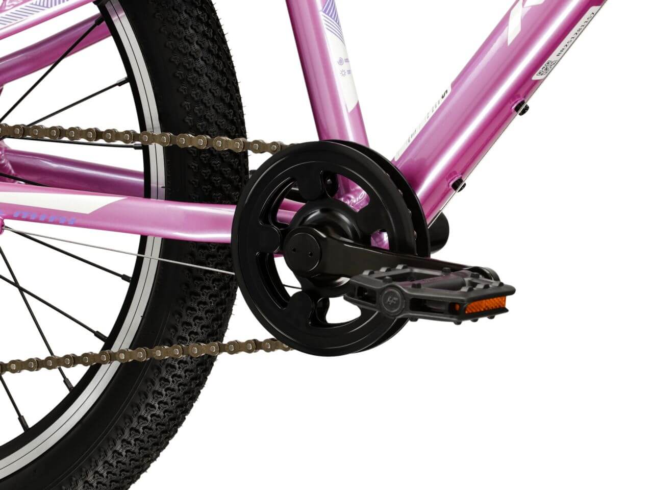 KR Lea Mini 1.0 D 20 S fiets met een roze frame, ketting en pedaal detail