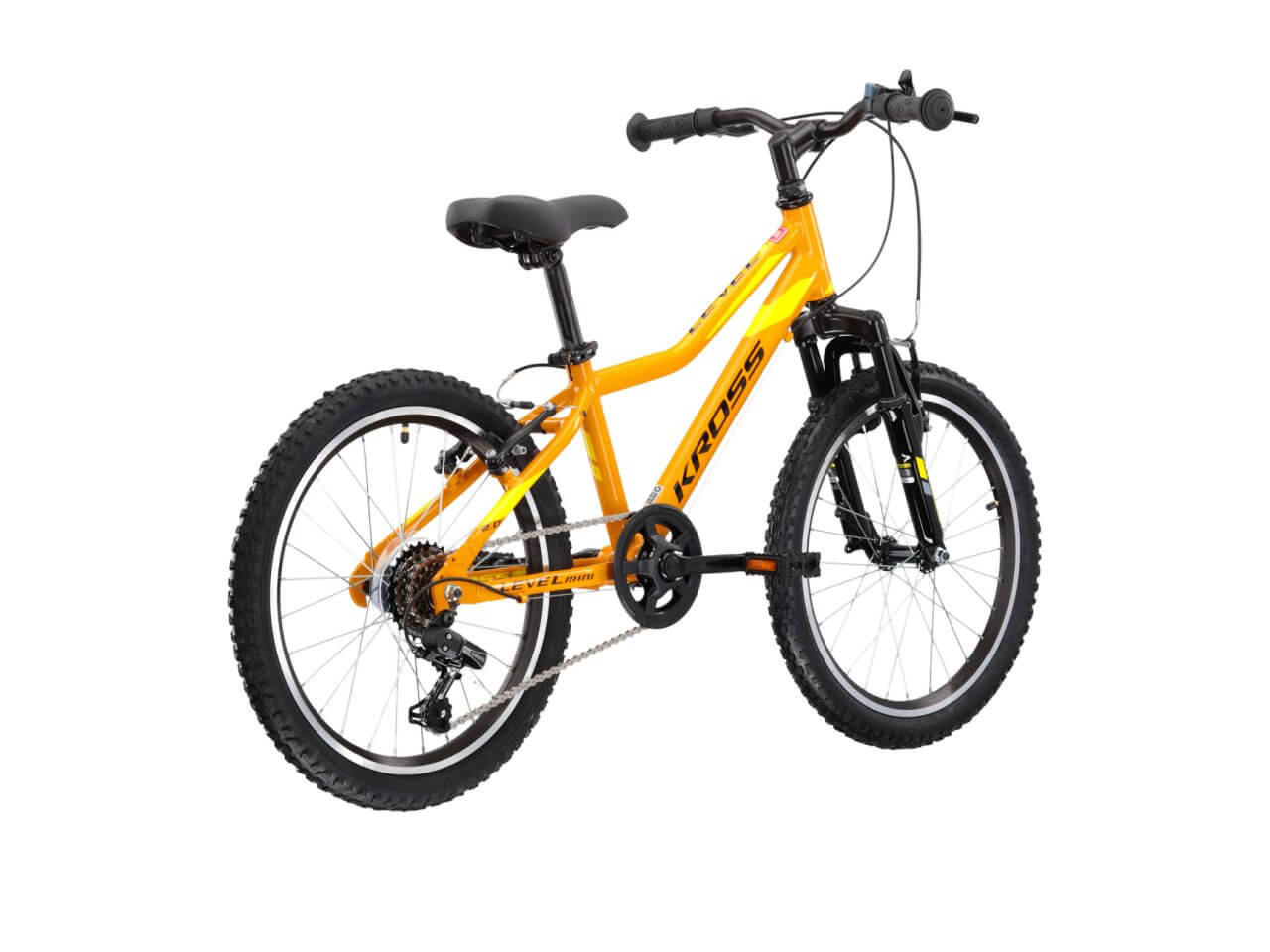 KROSS fiets in feloranje kleur, KR LEVEL MINI 2.0, geschikt voor kinderen, met stevige banden en verstelbaar zadel.