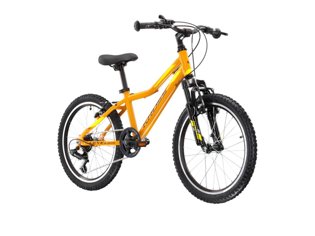 KR LEVEL MINI 2.0 fietsen in levendige oranje kleur met mountainbike banden, ideaal voor jonge avonturiers.