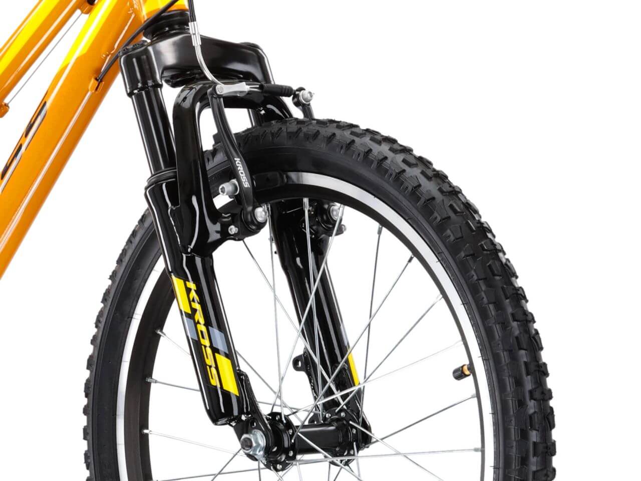 KR LEVEL MINI 2.0 voorwiel met vering, zwart en geel, van een mountainbike met een oranje frame.