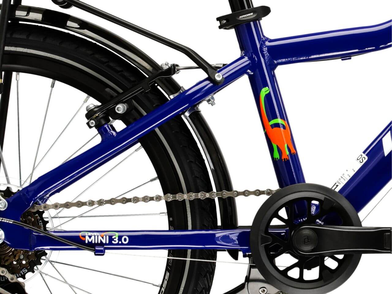 Detail van de KR LEVEL MINI 3.0 EQ M fiets, met kleurrijke dinosauruselementen op het frame.