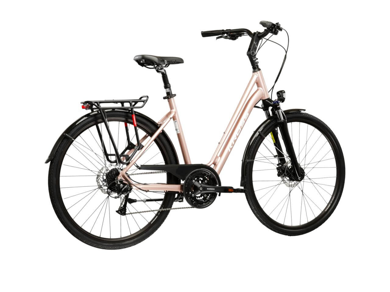 KROSS Sentio 4.0 trekkingfiets in een stijlvolle rosegouden kleur, ideaal voor stads- en trekkingtochten.