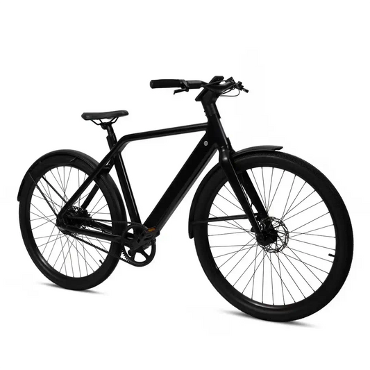 MOEVS First One electric bike featuring a sleek black design with 29 inch tires and a lightweight frame.