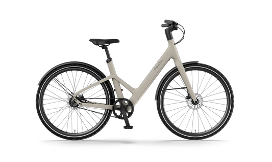 W1 PRO moderne stadsfiets met een lichtgewicht frame en elegante halve vormgeving in beige kleur.