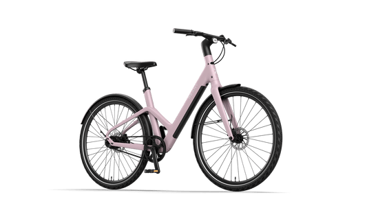 Reany W1 moderne fiets in een stijlvolle roze kleur met brede banden en een laag frame.