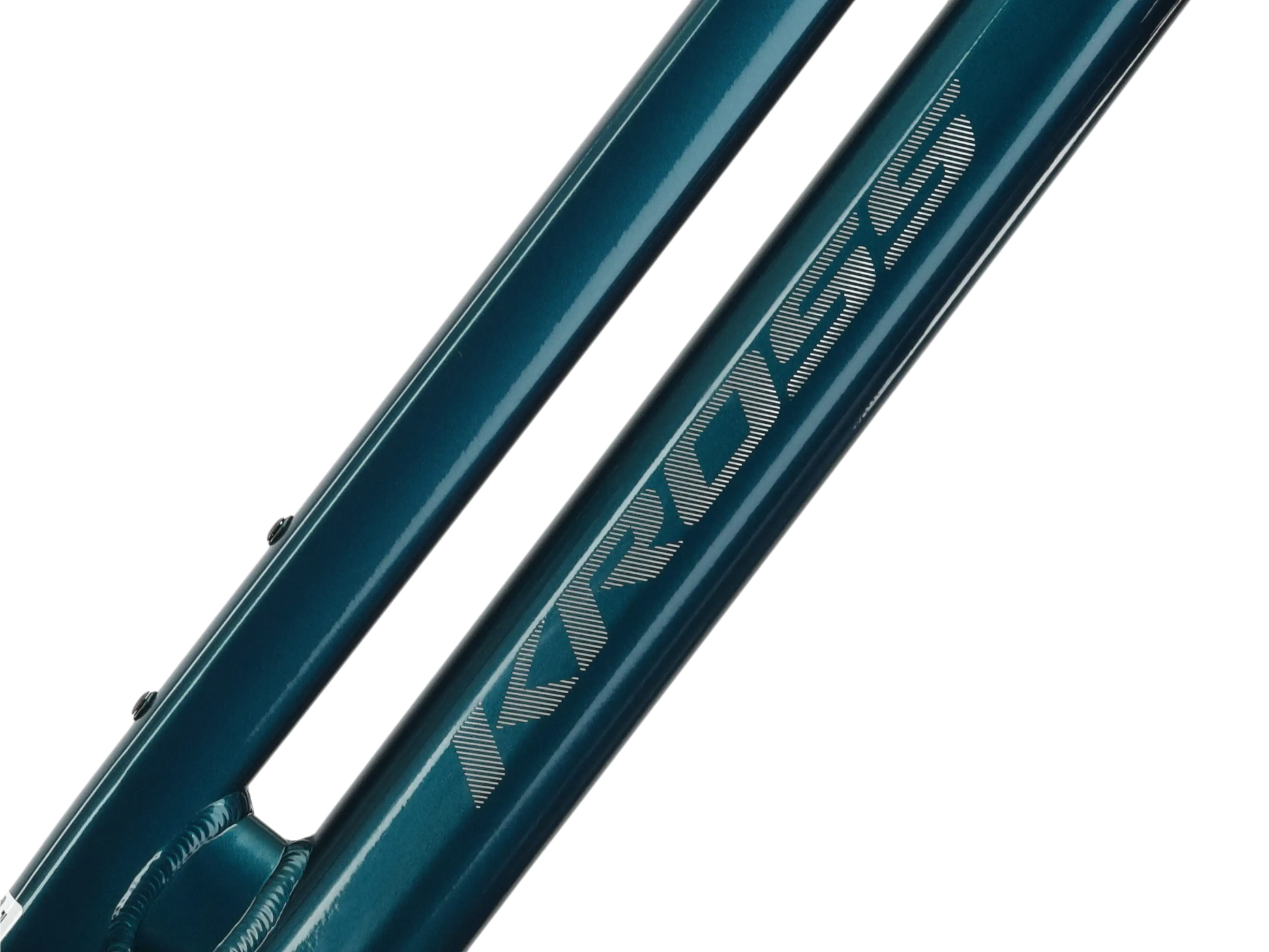 Close-up van de KROSS fietsframe met een glanzende afwerking in turkoois.