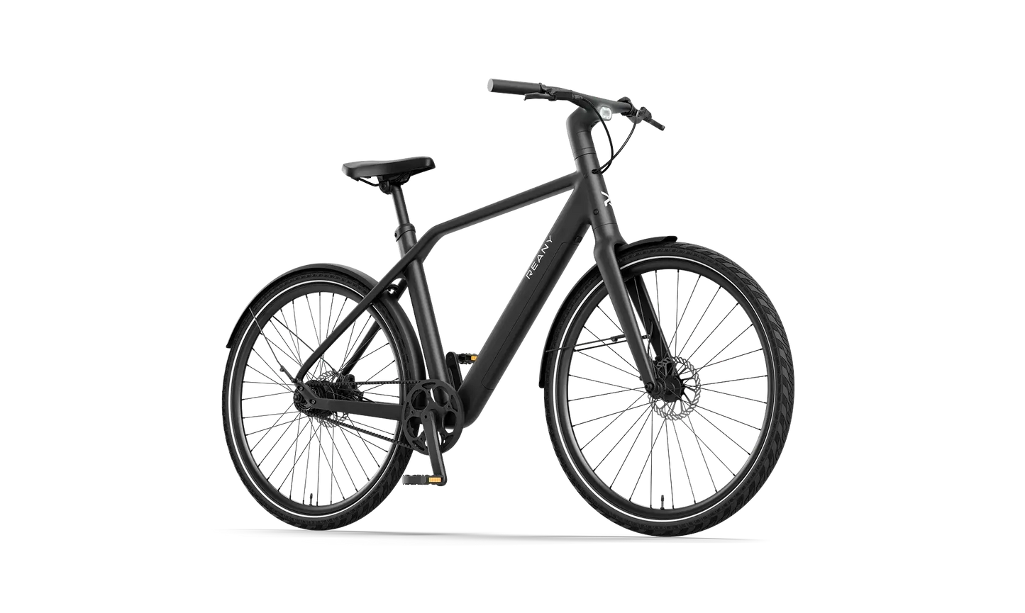 Smile all the way N1 moderne fiets met elegante zwarte afwerking en grote wielen.