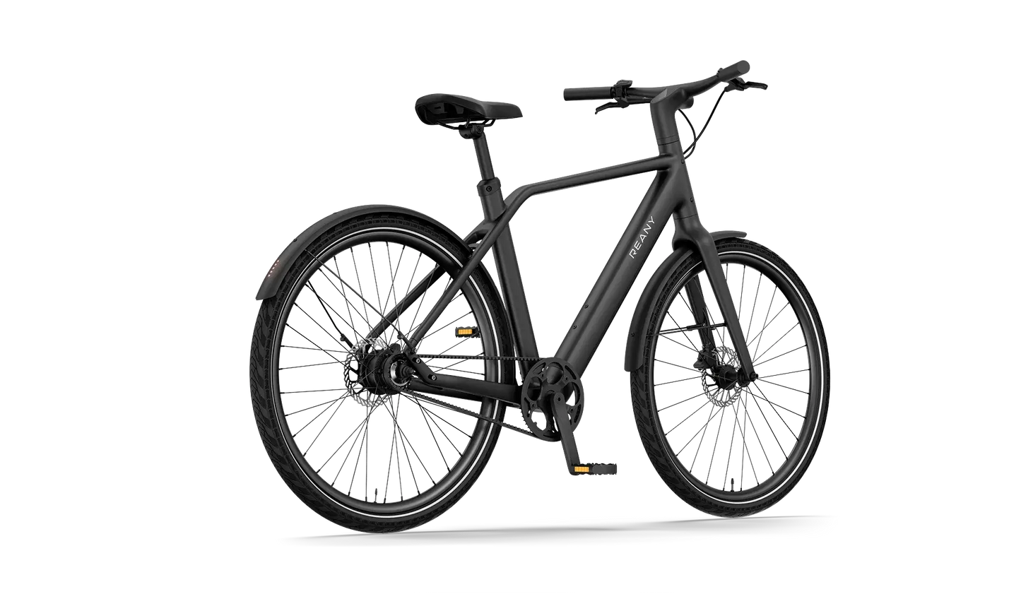 Zwart elektrisch fiets model met moderne details en sportieve uitstraling.