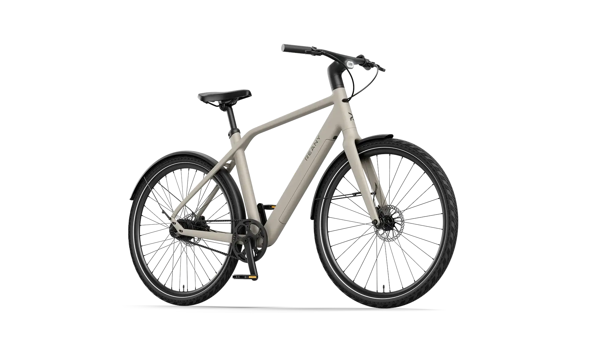 Moderne fiets in beige met dikke wielen en een strak ontwerp, ideaal voor stadsritten.
