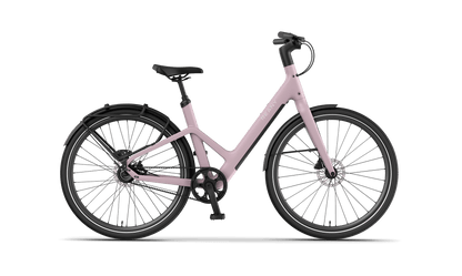 W1 GT avontuur e-bike in een stijlvolle roze kleur met een modern ontwerp en stevige wielen.
