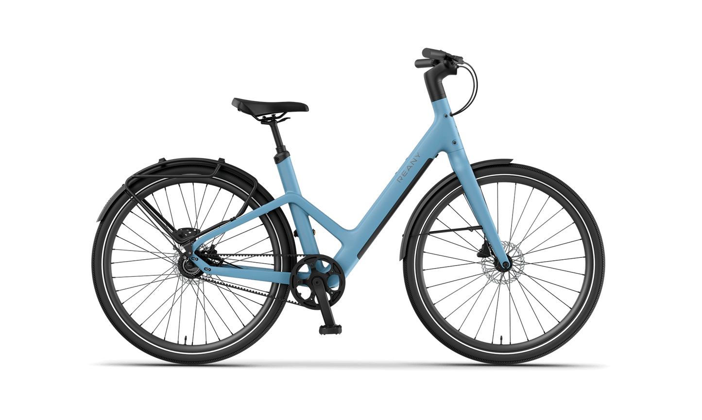 W1 GT avontuur e-bike in lichtblauw, geschikt voor avontuurlijke ritten met stevige wielen.