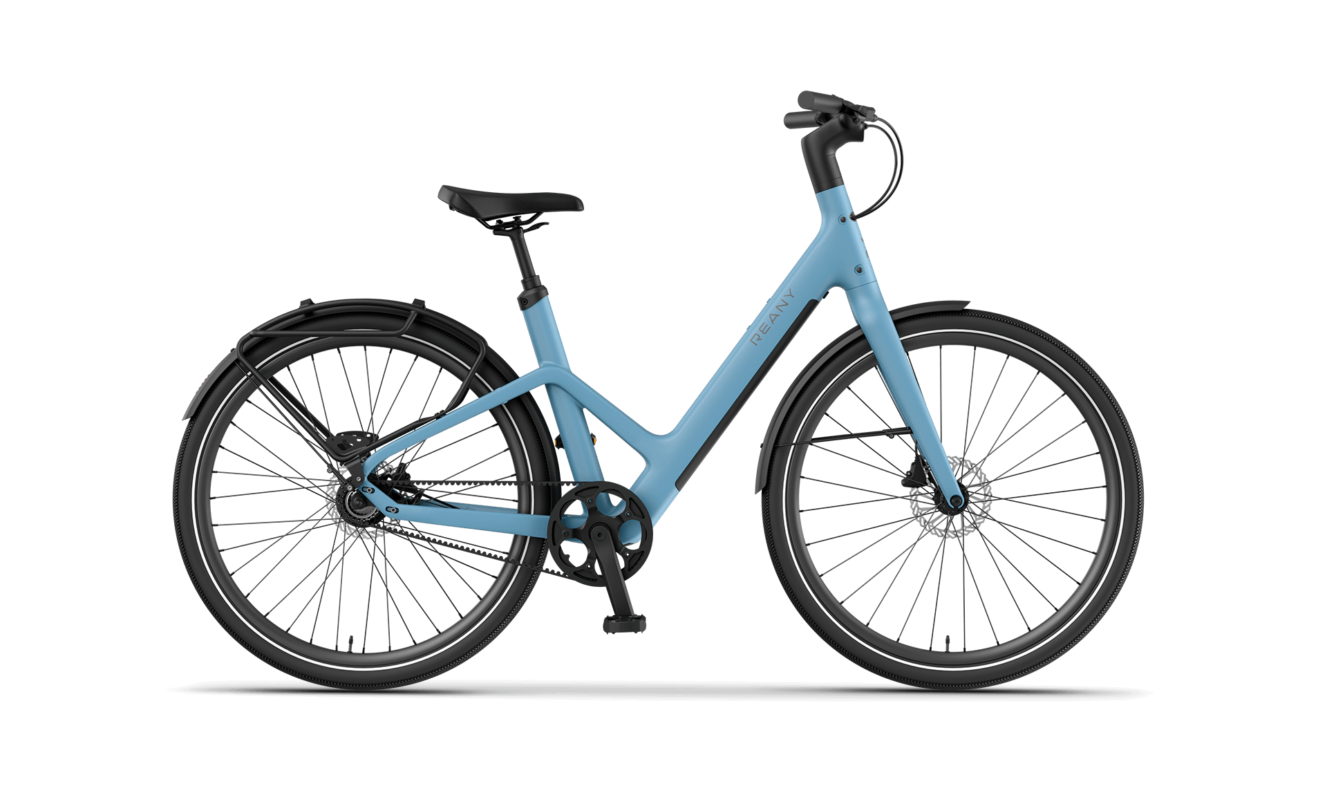 W1 GT avontuur e-bike in lichtblauw, geschikt voor avontuurlijke ritten met stevige wielen.