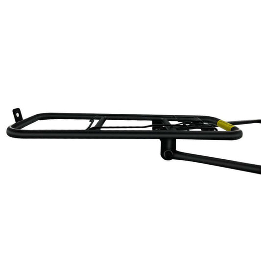 Black bicycle front cargo rack with support arms, isolated on white background