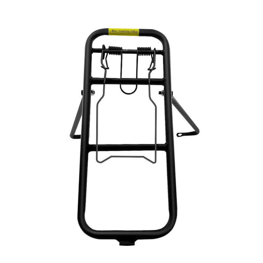 Black rear bicycle rack with spring clamp and side support arms, isolated on white background