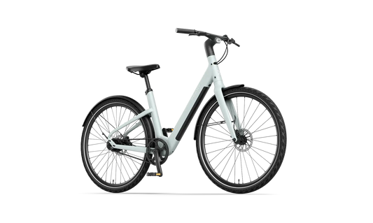 Reany V1 stadsfiets met een lichtgrijze kleur en brede wielen voor een comfortabele rit.