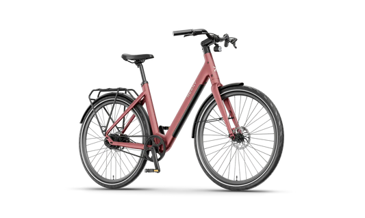 Roze elektrische fiets met een moderne uitstraling, ideaal voor avontuurlijke ritten en recreatief gebruik.