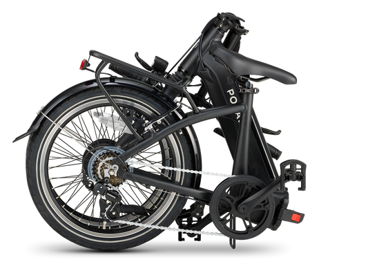 Popal E-Folt Tourer Vouwfiets ingeklapt met zwarte afwerking en compacte uitstraling.